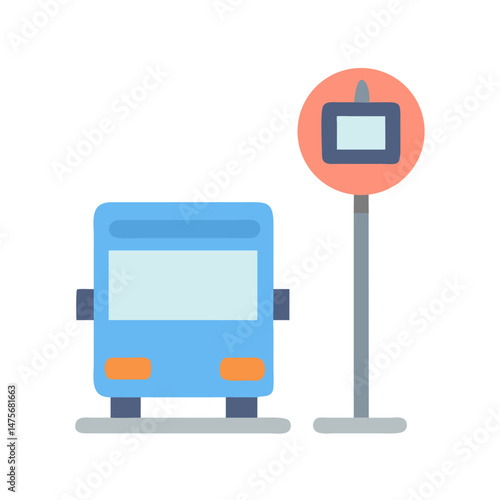Cute blue bus icon with bus stop illustration