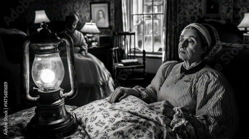 Black and White Portrait of a Woman with an Oil Lamp in Vintage Setting
