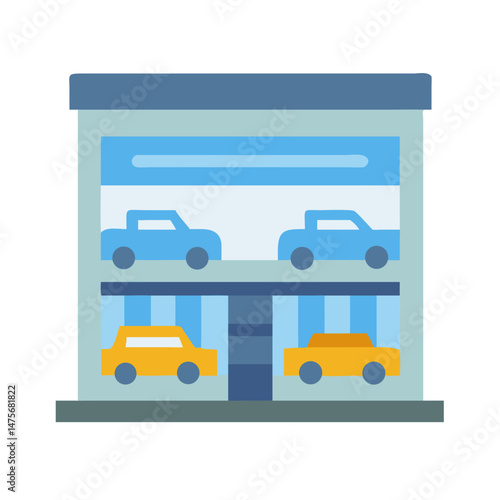 Stylized Car Dealership Building with Displayed Vehicles