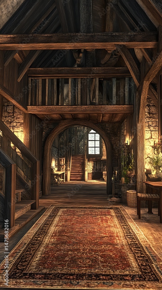 Obraz premium Interior of building hallway featuring wooden beams and architectural details