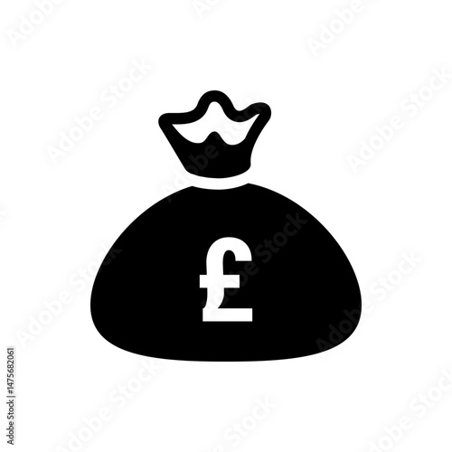 Illustration of a black money bag with a white pound symbol in the center on a white background view