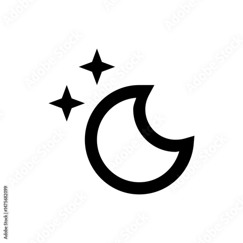 Illustration of a crescent moon shape with two stars next to it in a simple black and white design style
