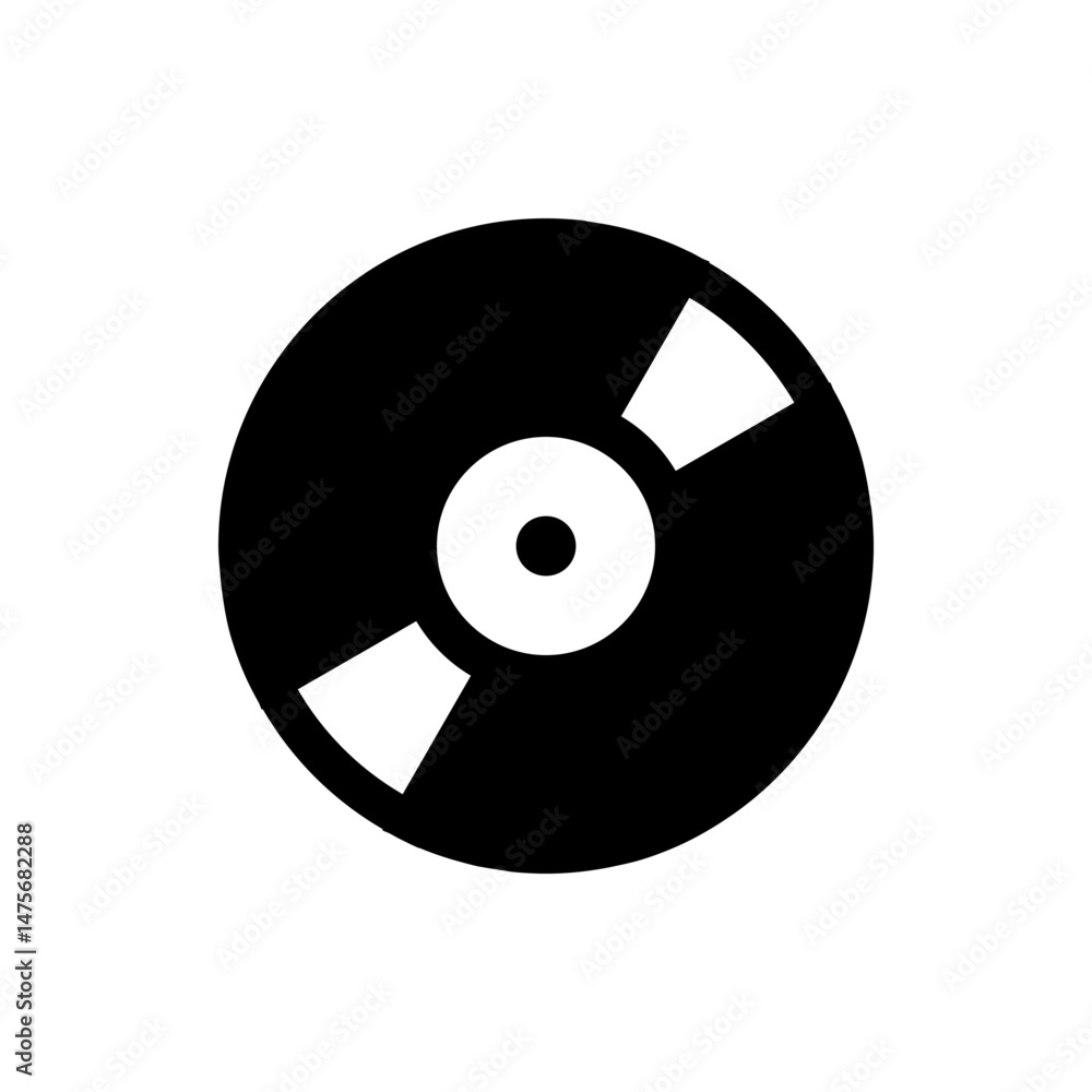 A black and white graphic of a vinyl record with a center circle and two white sections on the record surface A black and white graphic of a vinyl record with a center circle and two white sections on the record surface