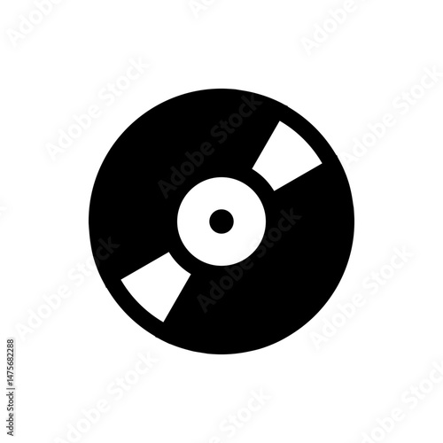 A black and white graphic of a vinyl record with a center circle and two white sections on the record surface