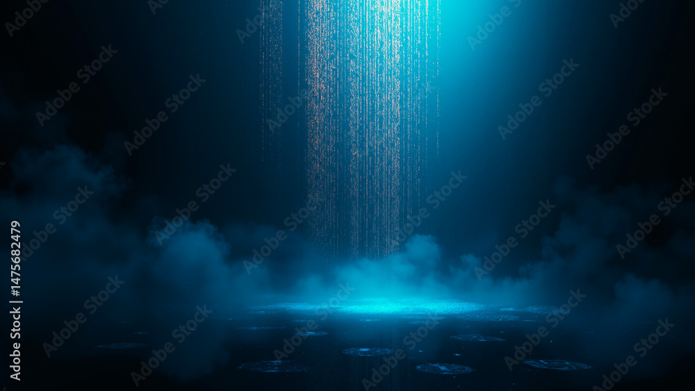 Fototapeta premium Digital Rain of Glyphs and Code Against Inky Darkness, Serene Technology