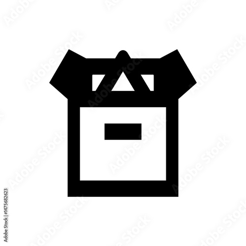Stylized black and white icon of an open box with flaps and a triangular element on top center side