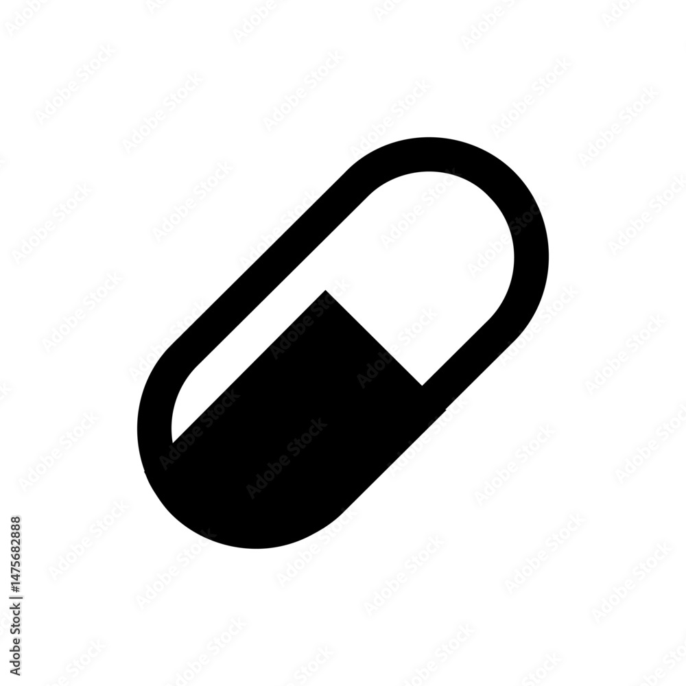 Illustration of a black and white capsule pill with a visible division line in the center area design Illustration of a black and white capsule pill with a visible division line in the center area design