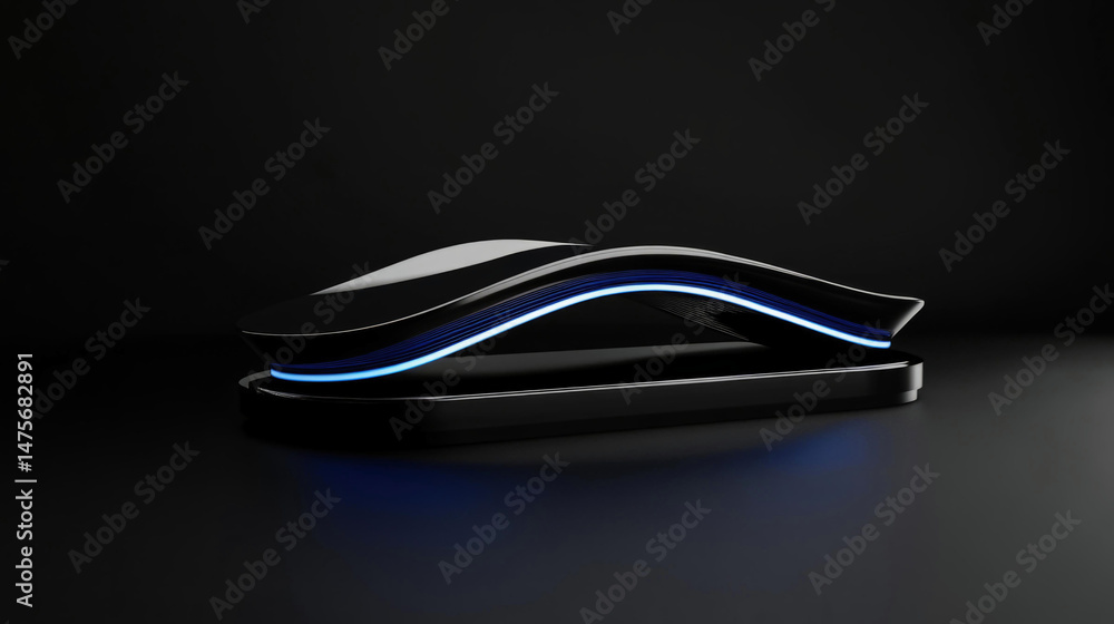 Minimalist promo stand mockup with sleek design and glowing blue accents on dark background for product display Minimalist promo stand mockup with sleek design and glowing blue accents on dark background for product display