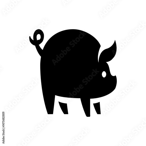 Illustration of a black pig with a curly tail and a white eye on a white background in vector format