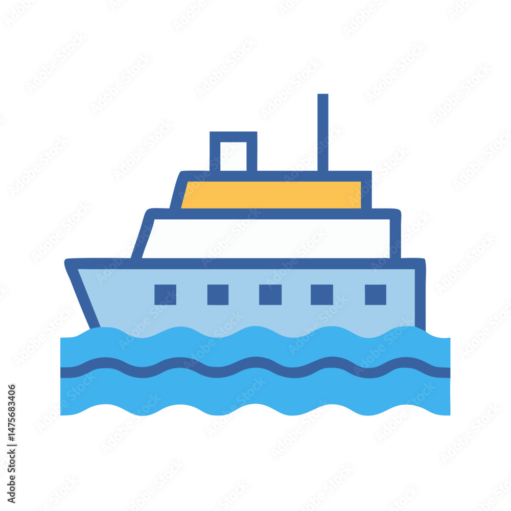 Fototapeta premium Cartoon Cruise Ship on Waves Vector Illustration