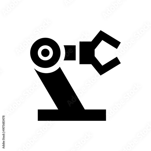 Illustration of a black robotic arm with circular joint and gripper on a rectangular base plate design