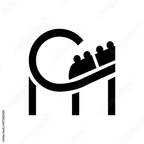 A graphic representation of a roller coaster with cars ascending a steep incline in a minimalist style design