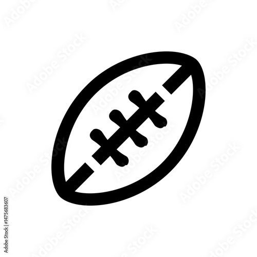 Illustration of a black and white american football with visible stitches and oval shape on a white background