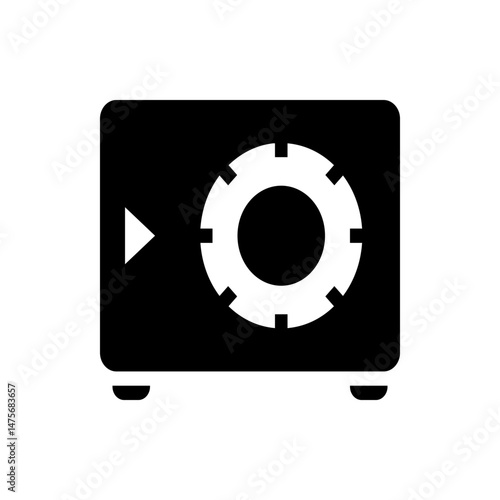 Illustration of a black safe box with a white circular dial and a white arrow on the left side