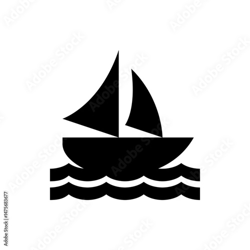 Silhouette of a sailboat with two sails on wavy water in black and white simple design, nautical theme shown