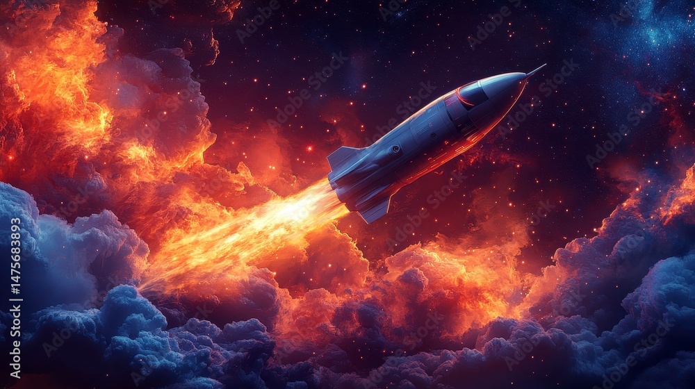 Rocket soars through fiery clouds, leaving a bright trail in a starry sky