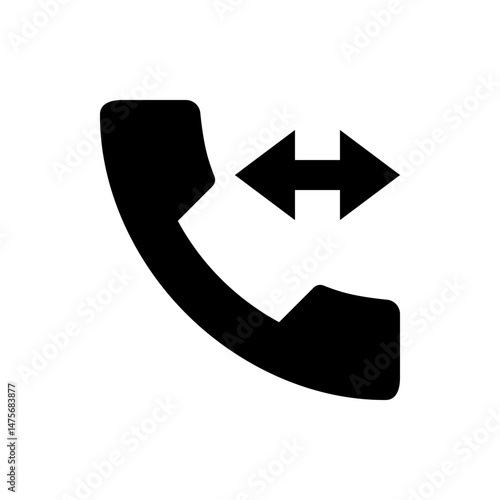 Black telephone receiver icon with a left arrow indicating incoming call on a white background design element
