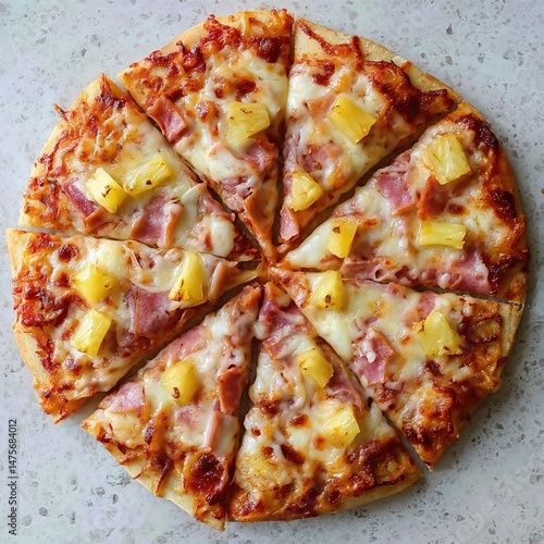 Delicious Hawaiian pizza with ham and pineapple on a white background top view