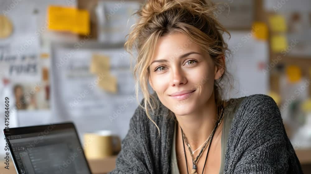 Focused Determination: A young woman with a warm, welcoming smile sits at her desk, her eyes fixed on a laptop screen. She exudes an air of focused determination, ready to tackle any challenge. Focused Determination: A young woman with a warm, welcoming smile sits at her desk, her eyes fixed on a laptop screen. She exudes an air of focused determination, ready to tackle any challenge.