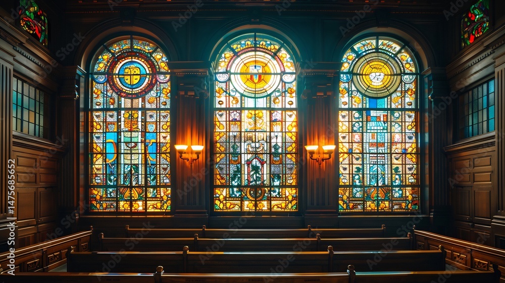 Fototapeta premium Courtroom lit by stained glass windows depicting historical legal battles dramatic lighting
