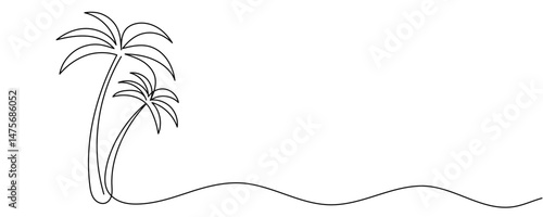 Palm tree continuous line. Hand drawn palm. Tropical landscape in minimalist style. Editable stroke