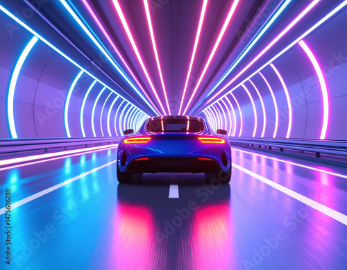 Sleek sports car drives through vibrant tunnel illuminated by colorful neon lights, creating dynamic and energetic atmosphere