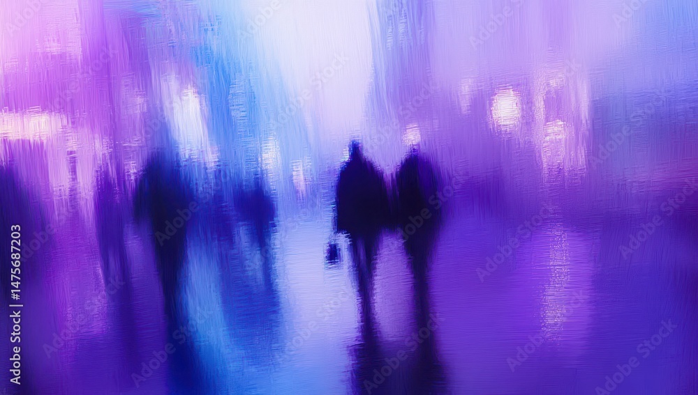Blurred figures walking in a vibrant, purple-blue city night Blurred figures walking in a vibrant, purple-blue city night