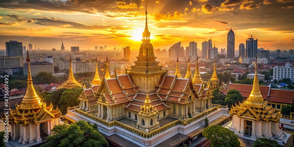 Obraz premium Aerial View Golden Temple Bangkok Cityscape Double Exposure Thailand
