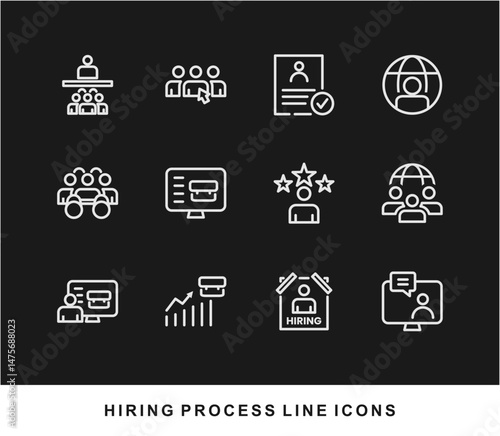 Hiring Process Line Icons. Recruitment, Job Application, Interview, Candidate Selection Vector Set