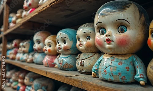 Vintage dolls displayed on wooden shelves in a nostalgic antique shop, evoking memories of childhood