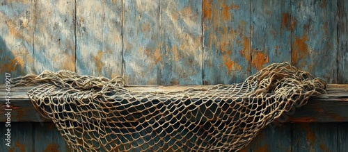 Wallpaper Mural Worn fishing net draped over rustic wooden surface with peeling blue and orange paint, evoking a sense of time and weathered charm Torontodigital.ca