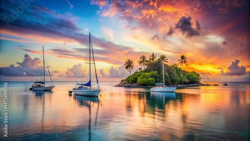 Aerial View: Pastel Sunset, Sailboats Anchored near Tropical Island