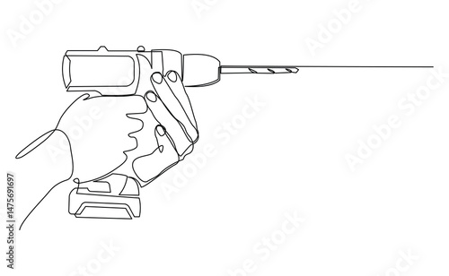Continuous line drawing of hand engineer holding drill machine. Single line art of repair construction maintenance service tool equipment. Vector illustration editable stroke