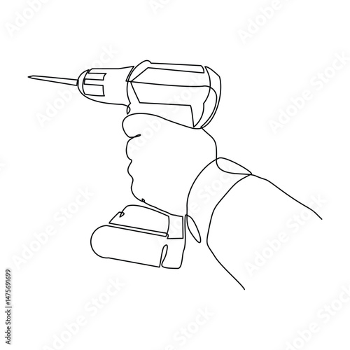 Continuous line drawing of hand engineer holding drill machine. Single line art of repair construction maintenance service tool equipment. Vector illustration editable stroke
