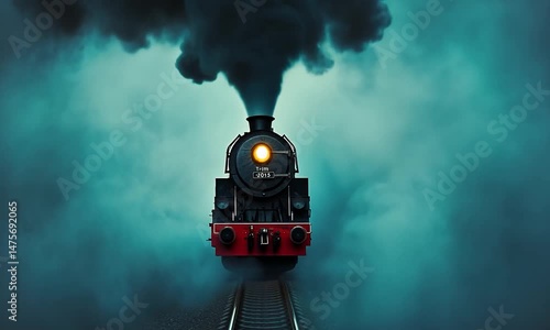 Vintage steam train emerging from foggy landscape, creating an atmospheric scene