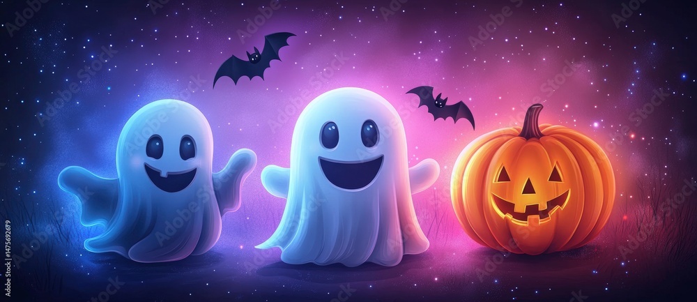 Fototapeta premium Colorful cartoon ghosts with friendly expressions, Halloween pumpkin, bats against a starry night sky background, perfect for festive designs and celebrations.