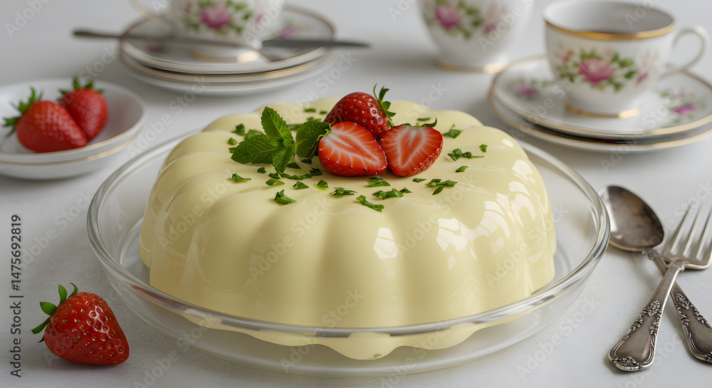 Vanilla Pudding Dessert with Fresh Strawberries and Mint, Elegantly Served with Tea in a Floral Porcelain Setting Vanilla Pudding Dessert with Fresh Strawberries and Mint, Elegantly Served with Tea in a Floral Porcelain Setting