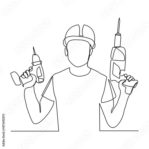 Continuous line drawing of young handyman engineer wearing uniform while holding drill machine. Single line art of repairman construction maintenance service. Vector illustration editable stroke