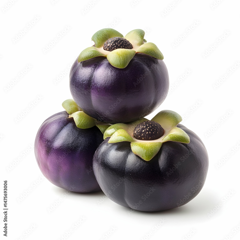Obraz premium Three ripe, dark purple fruits stacked, white background, food photography, healthy eating