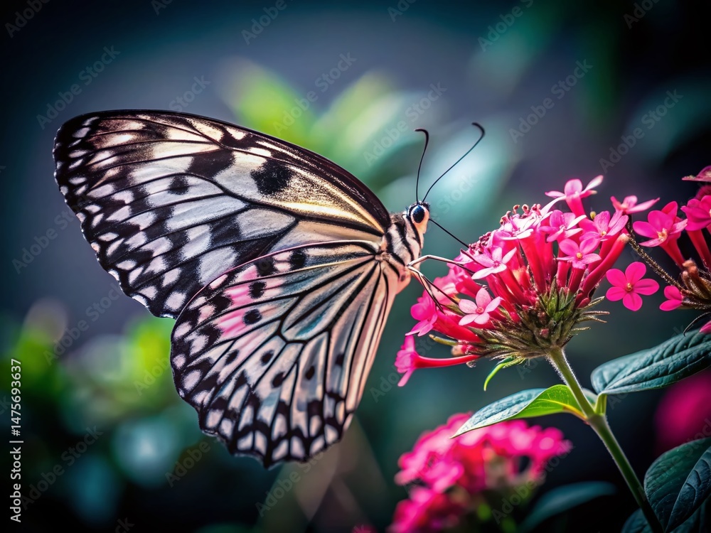 Naklejka premium Black and White Butterfly on Pink Flowers - High-Resolution Stock Photo