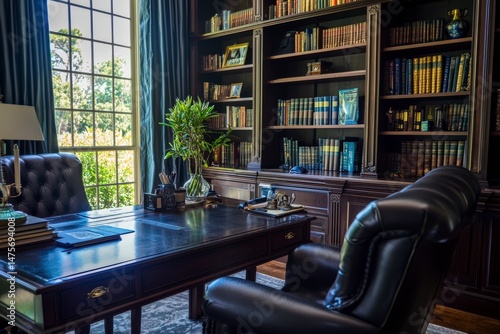 Elegant Home Office Setup with Dark Wood Desk and Bookshelves