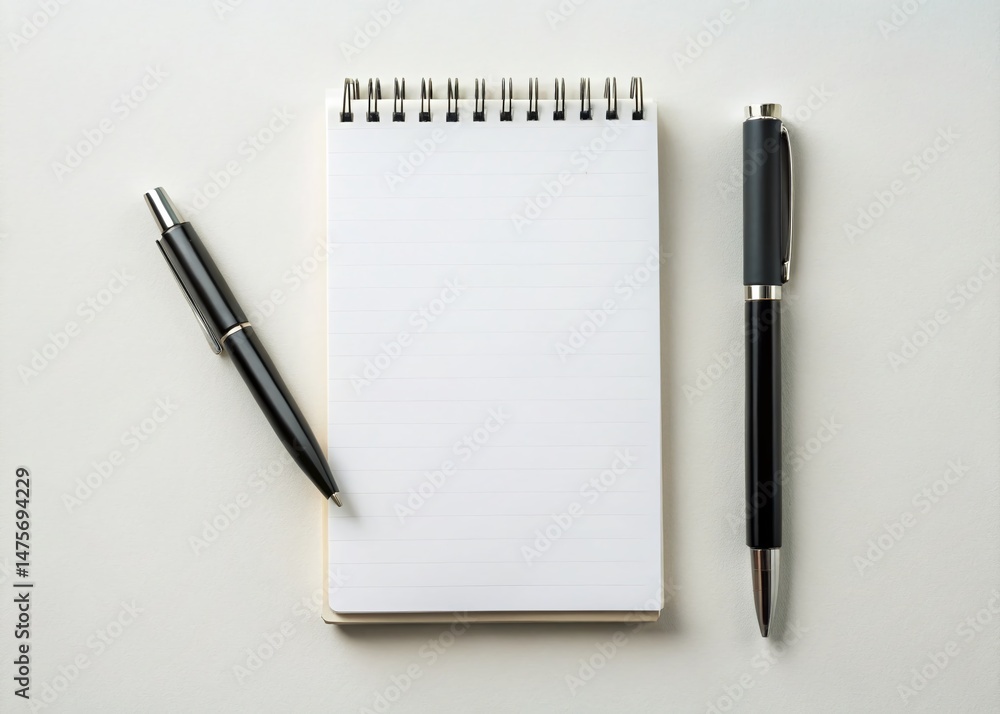 Blank White Notepad with Black Pen, Copy Space, Office Supplies, Stationery Mockup Blank White Notepad with Black Pen, Copy Space, Office Supplies, Stationery Mockup