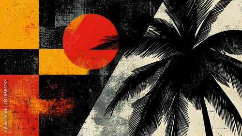 Tropical palm tree silhouette against abstract geometric art; beach vacation background; summer travel poster design