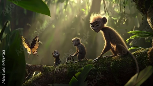 Lush Rainforest with Diverse Wildlife and Soft Natural Lighting