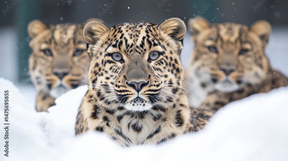 Fototapeta premium Amur Leopards Resting in Snow Showcasing Their Elusive Behavior