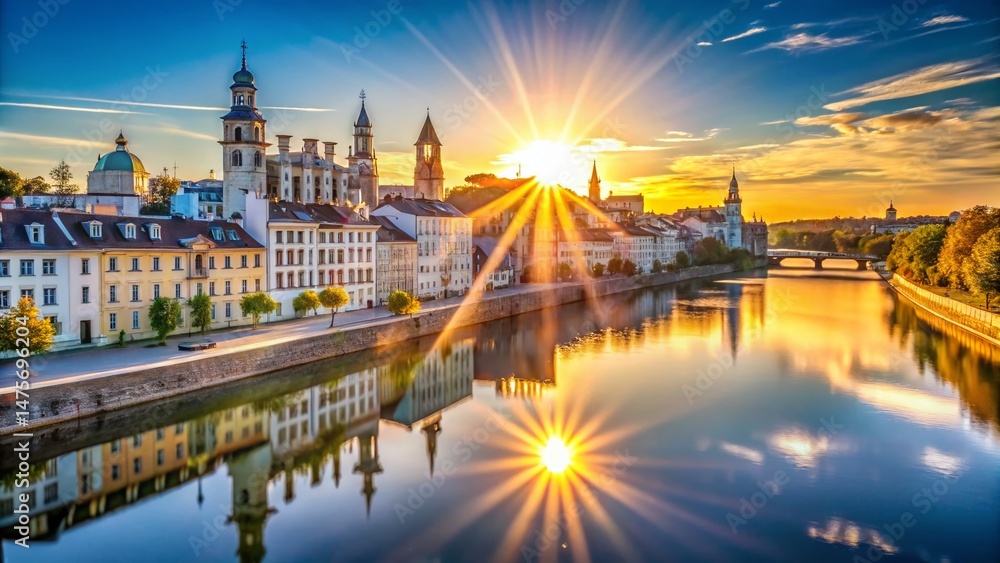 Fototapeta premium Candid White Cityscape: Sunlit River & Architectural Wonders