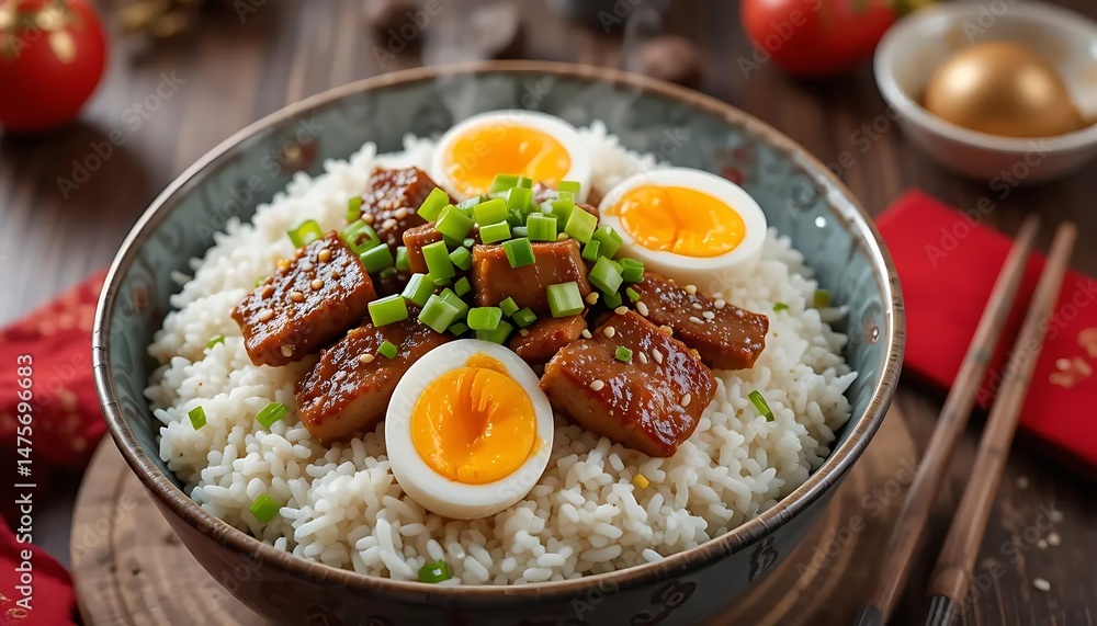 Delicious Asian Rice Bowl with Glazed Tofu, Boiled Eggs, and Scallions Delicious Asian Rice Bowl with Glazed Tofu, Boiled Eggs, and Scallions