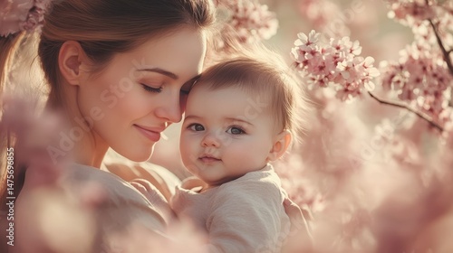 Mother lovingly holds her baby, surrounded by soft pink blossoms in a tender moment