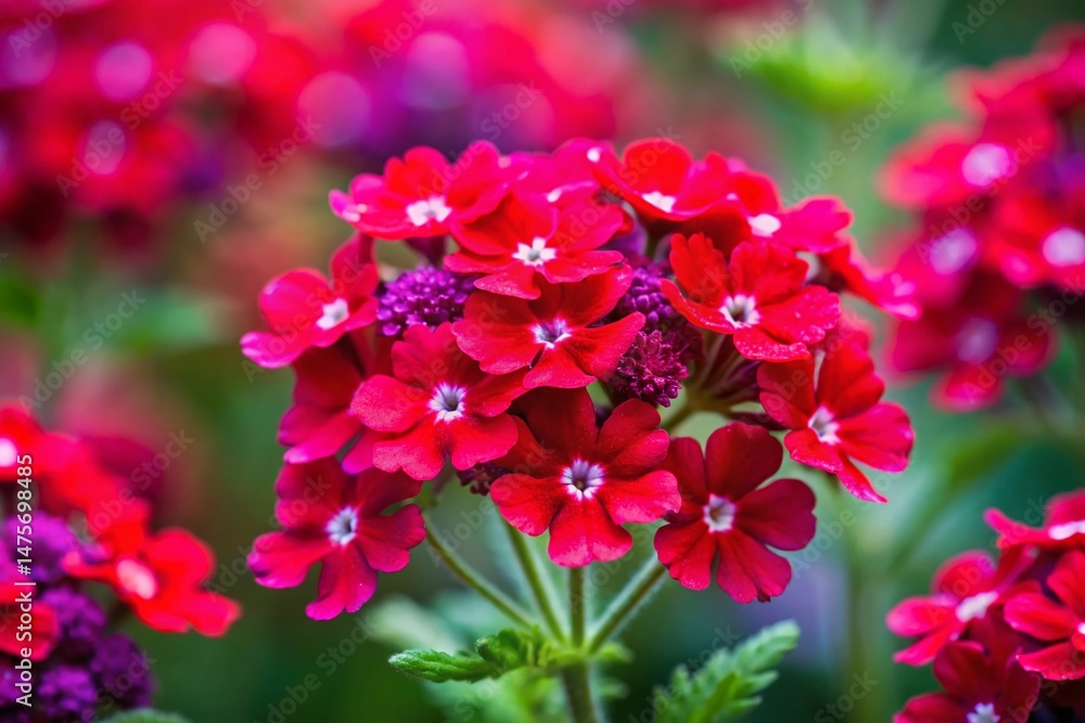 Fototapeta premium Close-up of Vibrant Red Verbena Flowers in Empress Garden, High Depth of Field