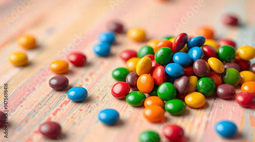 Skittles candy on the colorful table, colorful sweet candy